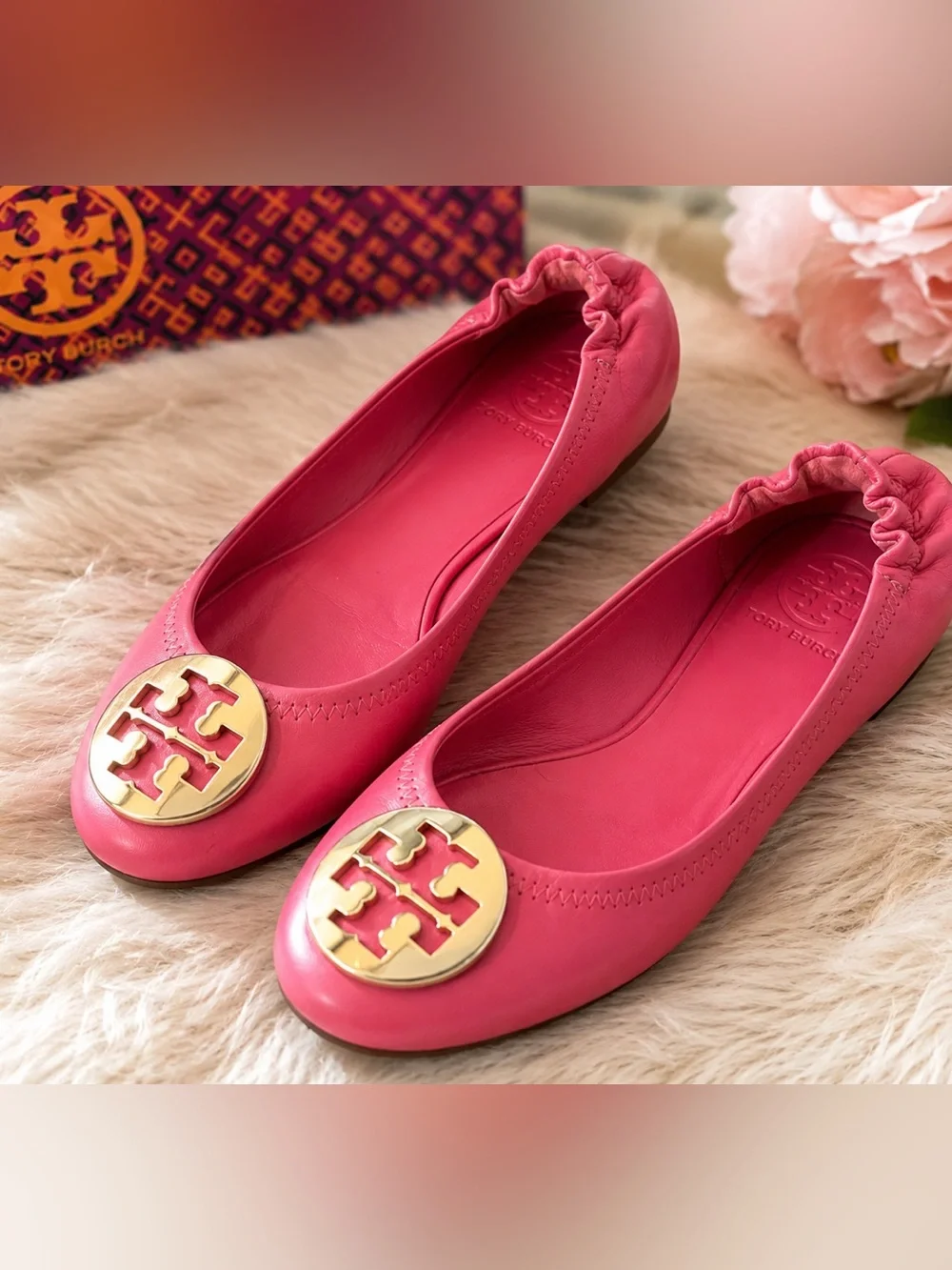 Tory Burch Reva Ballet Flats Pink Leather Gold Logo Women's Size 8